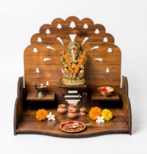 Handcrafted Wooden Pooja <b>Mandir</b> with OM Symbol & Kalash Cutwork Design – Scalloped Crown Temple Shelf | 28x20x29cm - Product Image 4
