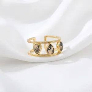 Anillo Ajustable de Moda para Mujer con Gema Natural de Ágata Musgosa en Forma de Pera, Chapado en Oro de 18k, Latón Antideslustre, Joyería Más Vendida - Product Image 4