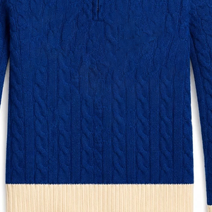 Women's Blue Cable Knit Half-Zip Cardigan With Contrast Trim Stand Collar Long Sleeve Autumn Classic Style Wholesale <b>University</b> - Product Image 6