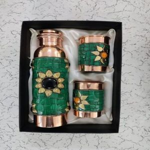 Pure Copper Water Bottle Set Matte Finish Diamond Paste Drinkware <b>Gift</b> <b>Box</b> Leak Proof Reusable for Travel - Indian Home Crafts - Product Image 2