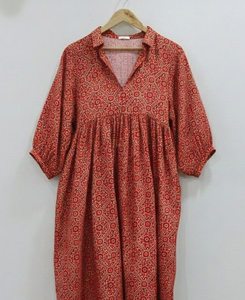 Vestido Túnica Midi Hecho a Mano en India 100% Algodón para Mujer |   Ropa de Oficina Formal Sencilla, Ecológica, Transpirable, Corte en A, Floral, Dibujada a Mano - Product Image 5