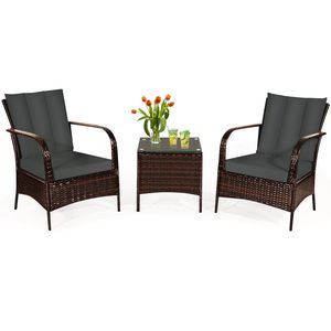 Ensemble de conversation en rotin pour patio, 3 pièces, avec table basse en verre et coussins - Product Image 1