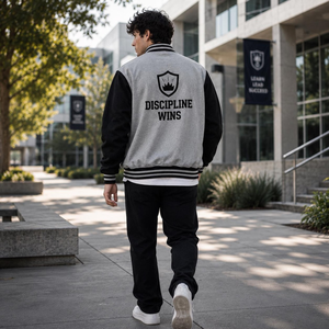 Veste universitaire grise et noire pour homme avec fermeture boutonnée, vêtement décontracté pour l'automne - Product Image 4