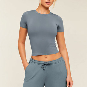 Fitness Clothing Yoga Crop <b>Top</b> T-Shirt High Stretchable <b>Sweat</b> Wicking Solid Color Women's Wear Workout T-Shirt For Sale - Product Image 5