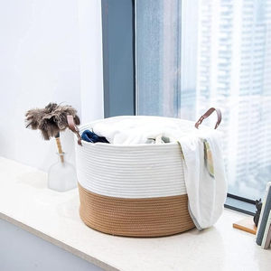 Cesta de Almacenamiento de Algodón Tejido con Asas de Cuero, Diseño Blanco y Marrón, para Decoración Interior y Exterior, Organizador de Venta Caliente - Product Image 3