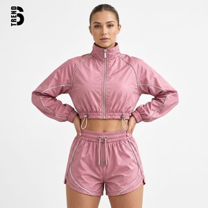 Custom Logo Private Label Activewear Women 2 Piece <b>Set</b> Reflective Piping Cropped Windbreaker Jacket and High Waist Drawstring - Product Image 1