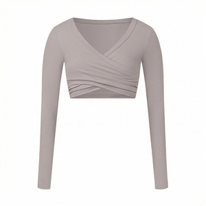 V-<b>Neck</b> Long Sleeve Crop Top Twist Draped Solid Color Breathable Spandex Polyester Yoga Wear Women's Sportswear - Product Image 1