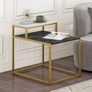 Tavolino a 2 Ripiani con Finitura in Marmo e Struttura in Metallo, Elegante Tavolino da Caffè per Soggiorno - Product Image 1