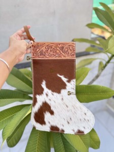 Cowhide Leather Christmas Stocking For Family Hand Tooled Christmas <b>Tree</b> Fireplace Hanging and Party Decoration Gift <b>Bag</b> - Product Image 2