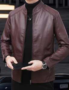 TRIBON SPORTS <b>Men's</b> Brown Cowhide <b>Leather</b> Bomber <b>Jacket</b> Stand Collar Zipper Closure Slim Fit Regular Sleeve Solid Color - Product Image 4