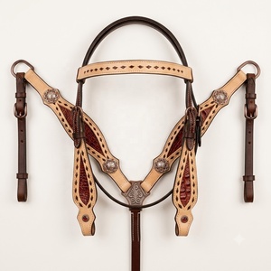 SAISHAS - Conjunto completo de equipo ecuestre de cuero genuino con cabezada, pechopetral y riendas de estilo western, con estructura de madera, duradero y de alta calidad. - Product Image 1