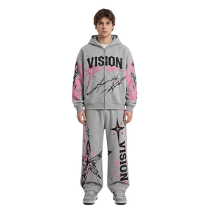 Survêtements en molleton de coton brossé crème, qualité supérieure, bicolores, avec fermeture éclair sur le devant, capuche, manches longues, motif étoile - Product Image 5