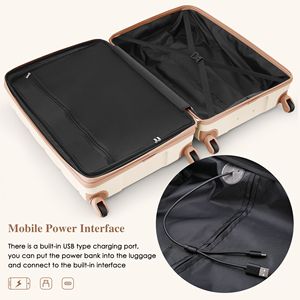 Set portabagagli USB da 20 pollici guscio rigido in stile Beige dorato certificato aereo con ruote Spinner portabicchieri 3 bagaglio a mano - Product Image 5