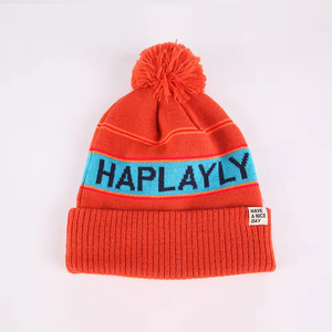 Factory Direct Beanie Hat Navy Blue with <b>Red</b> Stripe and Pom Pom Unisex Jacquard Knit Winter Cap Casual Style 56-58CM - Product Image 5