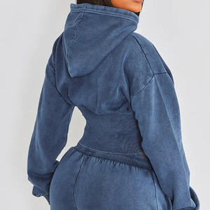 Women's <b>Blue</b> 2-Piece Knitted Set Hooded <b>Crop</b> <b>Top</b> Flare Pants Casual Solid Color Tracksuit Long Sleeve Full Length Loose Fit - Product Image 2