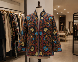 Embroidered Velvet 100% Cotton Woven Women Quilted Jacket Eco-Friendly Floral <b>Bird</b> Pattern Zip <b>Stand</b> Collar Ethnic Style - Product Image 3