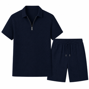 Conjunto de Camiseta Polo y Pantalones Cortos para Hombre, con Logotipo Personalizado, Color Negro Texturizado, Transpirable, de Manga Corta, Traje Deportivo de Verano, Venta al Por Mayor, OEM, Alta Calidad, Casual - Product Image 2