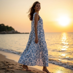 Ropa de uso diario Casual A-Line Silhouette Maxi vestido sin mangas escote redondo tela transpirable con blanco azul vid Boho verano Look - Product Image 5