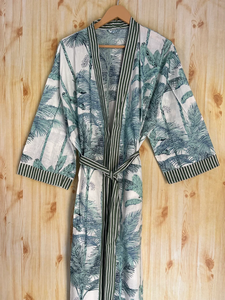Bata Kimono de Algodón 100% Tejido con Estampado de Dibujos Animados para Mujer, Camisón de Verano Hecho a Mano, Cuello en V, Cintura Elástica, Largo Completo, ODM - Product Image 5