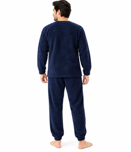 Ensemble de pyjama en polaire thermique confortable pour homme, manches longues, 2 pièces, vêtements de détente d'hiver, bleu marine - Product Image 4