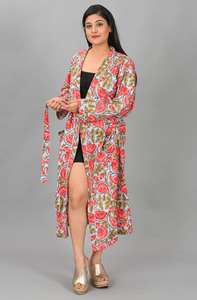 Kimono Largo de Algodón Elegante y Casual con Estampado de Bloques, Cuello en V, Cierre con Cordón, Secado Rápido, Suave y Transpirable, Tipo Bata para Dormir - Product Image 3