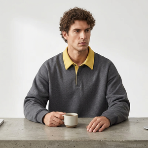 Sweat-shirt décontracté surdimensionné à manches longues pour homme, en molleton gris et jaune, anti-rétrécissement, en polyester, avec col boutonné - Product Image 5