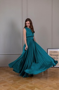 Vestido largo de satén verde azulado para mujer, sin mangas, con un hombro descubierto, abertura alta, lazo en la cintura, elegante, para fiesta de noche, boda, invitada, formal - Product Image 3