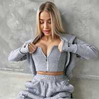 Ensemble de survêtement gris oversize pour femme, léger, avec haut court corset à capuche, pantalon de jogging, fermeture éclair manches longues, couleur unie, décontracté