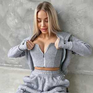 Ensemble de survêtement gris oversize pour femme, léger, avec haut court corset à capuche, pantalon de jogging, fermeture éclair manches longues, couleur unie, décontracté - Product Image 5