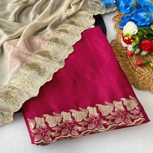 Sari VASTRA COTTAGE Premium Star Georgette avec broderie Zari dorée épaisse et bordure festonnée - Product Image 4