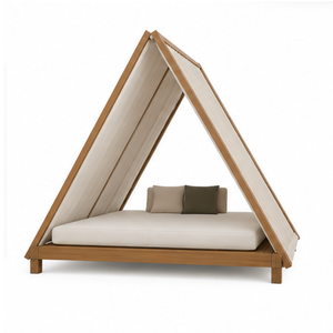 Teak Wood Poolside Cabana Double Daybed Pavilion with Triangular A Frame Roof - Product Image 2