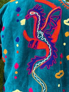 Premium Turquoise <b>Velvet</b> Embroidered Suzani <b>Jacket</b> With Dragon Pattern Full Sleeve Stand Collar Bohemian Winter Outerwear - Product Image 3