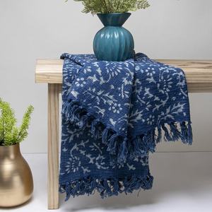 Nouvelle arrivée bleu main bloc imprimé coton jeter couverture doux léger style uni pour salon canapé taille personnalisée - Product Image 3