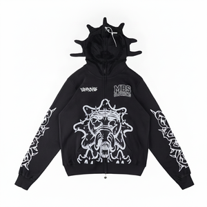 Sweat-shirt polaire homme streetwear Y2K gothique personnalisé, à capuche intégrale zippée avec cornes pointues, imprimé graphique noir en relief, épais - Product Image 6