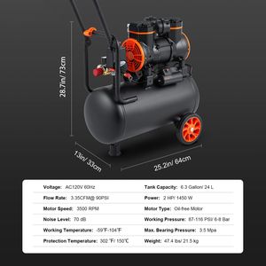 Compresor de Aire sin Aceite de 2 HP y 3.35 CFM a 90 PSI con Tanque de 6.3 Galones para Reparación Automotriz, con Presión Máxima de 116 PSI - Product Image 3