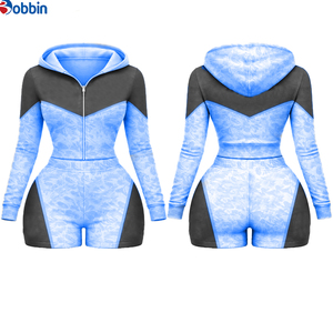 <b>Top</b> Trending Hot Selling Women's Hooded Color Block 2Pcs Short Set Sporty Zipper Knitted Spandex Polyester Spring Summer Workout - Product Image 5