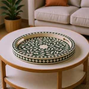 Plateau de rangement rond artisanal en os incrusté avec un motif floral en mosaïque complexe pour table basse, coiffeuse, salle de bain - Product Image 1