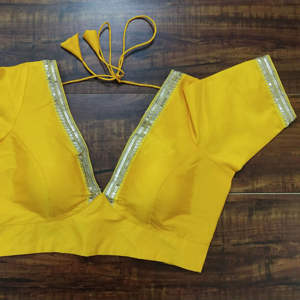 Mustard <b>Yellow</b> 100% Polyester Woven V Neck Elegant Short Sleeve Breathable <b>Crop</b> <b>Top</b> Saree Blouse Anti-Wrinkle Wedding Women - Product Image 1