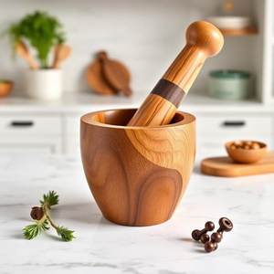 Premium Wooden Mortar And Pestle Set Handmade Solid Wood Spice <b>Grinder</b> For Kitchen <b>Herbs</b> And Masala Preparation - Product Image 4