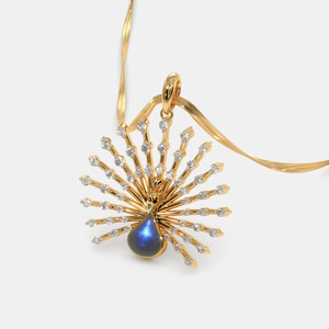 Yellow Gold Peacock <b>Blue</b> Gemstone Lab Grown Diamond Pendant <b>Necklace</b> - Product Image 5