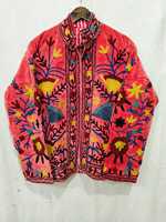 Veste en velours rouge brodée avec motif floral, col mandarin, manches longues, vêtement d'automne, broderie à la main, vestes pour femmes