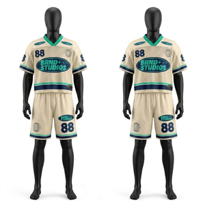 ชุดเสื้อและกางเกงขาสั้นผ้าเจอร์ซีย์ตาข่ายโพลีเอสเตอร์พรีเมียม 150 GSM ระบายอากาศได้ดี แต่งขอบสีเขียวอมฟ้า สำหรับชุดกีฬา พร้อมปักโลโก้ด้านหน้าตามสั่ง ชุดทีมแบบไม่มีแขน - Product Image 1