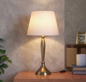 Modern Brass Eco-Friendly Tabletop <b>Table</b> Lamp with White Fabric Drum Shade Warm Light Halogen Bulbs for Bedroom <b>Bedside</b> Decor - Product Image 4
