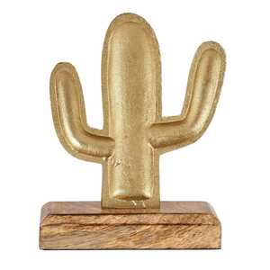 Golden Cactus Sculpture On Wooden Base Bohemian Tabletop <b>Decor</b> Handmade Figure Plant Theme Living Room Ornament 1PC - Product Image 6