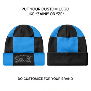 หมวกบีนนี่ไหมพรมยูนิเซ็กซ์สำหรับผู้ใหญ่ ZAINI Premium 320 GSM ผ้าริบถัก 100% อะคริลิก สีดำ-น้ำเงิน ลายบล็อกสี - Product Image 1
