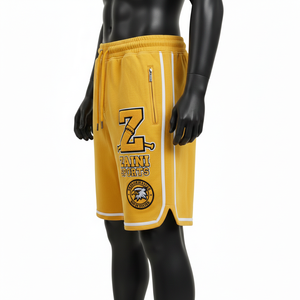 Short de basket-ball en molleton doux coton-polyester, jaune avec empiècements latéraux blancs, broderie chenille, appliqué, logo personnalisé, short en mesh pour homme - Product Image 3
