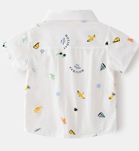 เสื้อเชิ้ตผ้าฝ้ายพิมพ์ลายแขนสั้นสีฟ้าอ่อนสำหรับเด็กผู้ชาย ปกคอพับแบบลำลองพร้อมกระเป๋าเสื้อระบายอากาศสำหรับฤดูร้อน - Product Image 4