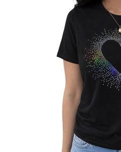 T-shirt en coton noir pour femmes avec motif cœur en strass, manches courtes, décontracté, tendance, impression de logo personnalisé, tee-shirt d'été pour femmes - Product Image 3
