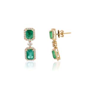 <b>Fine</b> Dangle <b>Earrings</b> 3.77 Ct Real Emerald and Halo Diamond 18K Gold - Product Image 5