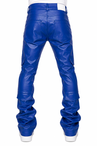 Men's Royal Blue Stacked <b>Cargo</b> <b>Leather</b> <b>Pants</b> – Fashion Slim Fit Streetwear Trousers - Product Image 3